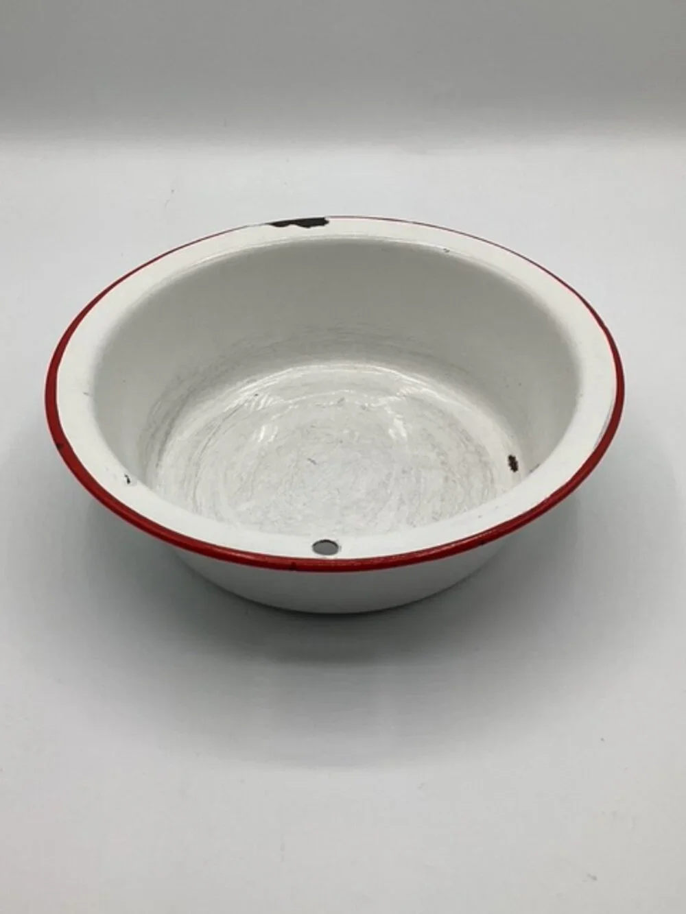 Vintage Enamelware Bowl White‎ with Red Trim 7
